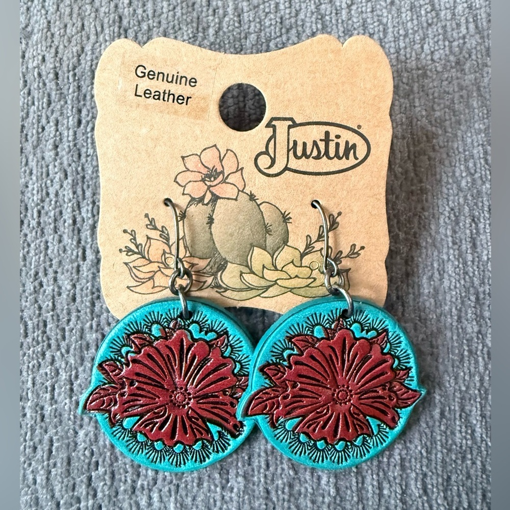 Justin Boots Turquoise and Red Leather Earrings